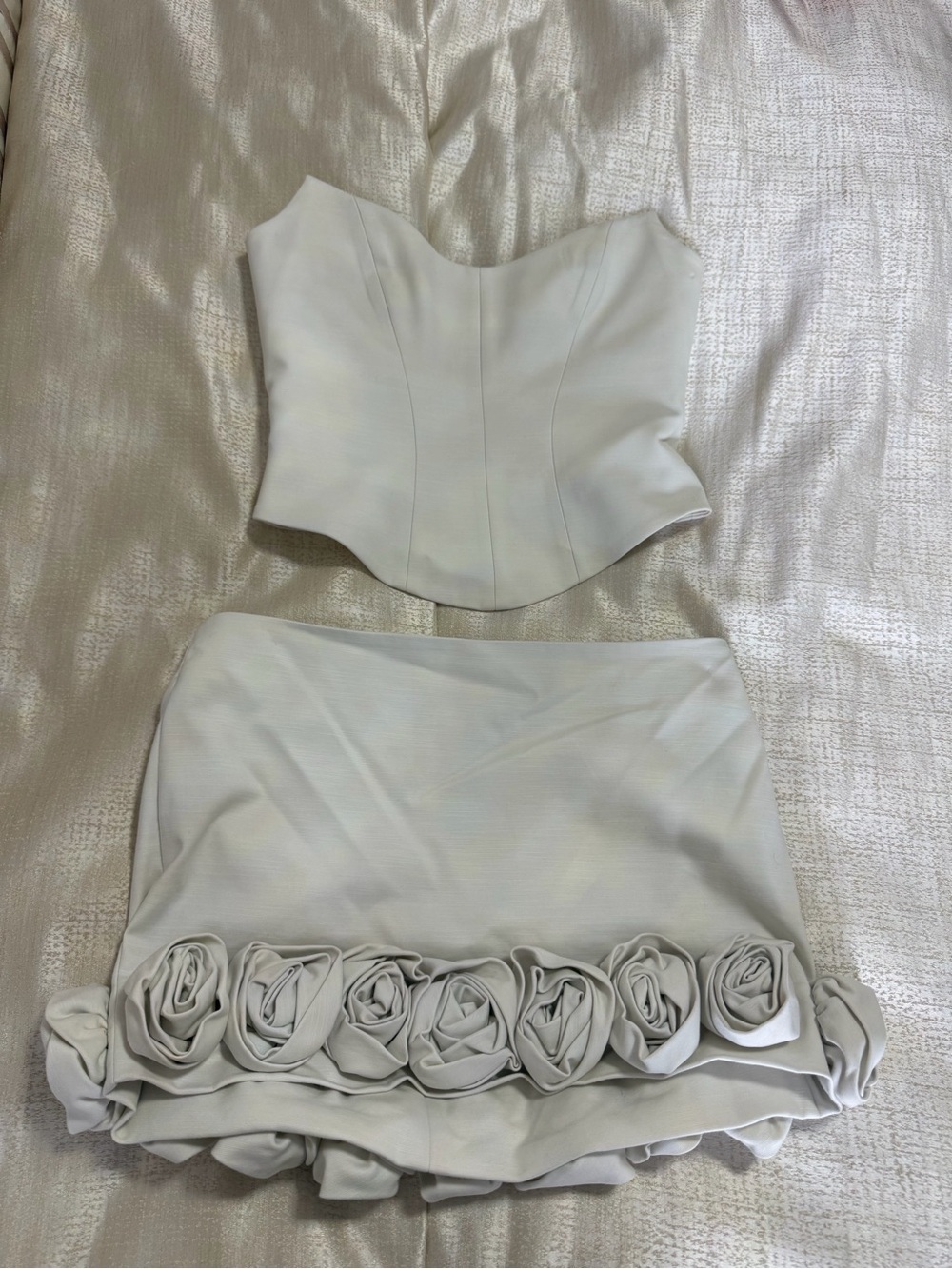 NBD Cream Two-Piece Mini Skirt Set with Rosette Trim